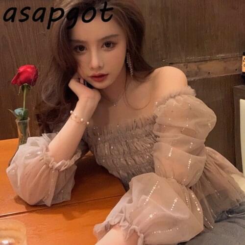 Temperament Chic Korean Puff Sleeve Chiffon Blouse Women 2021 Spring Clothing Fashion Square Neck Pleated Mesh Shirts Short Sexy
