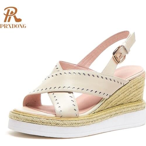 2021 Hot Sale Fashion Genuine Leather Women Sandals Shoes Wedges Heel Platform Elegant Summer Dress Party Casual Shoes Pumps 39