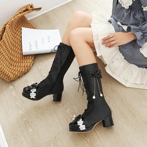 Sweet Lolita Princess Women Knee High Boots Shoes Beige Pink Bowtie Ruffles Uniform School Shoes for Girls Mid Heel Punk Lace