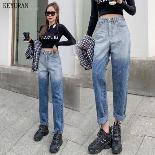 2021 Spring Women Blue Jeans Pants High Waist Loose Denim Jeans Female Trousers Casual Discolor Harem Jeans Femme Straight Pants