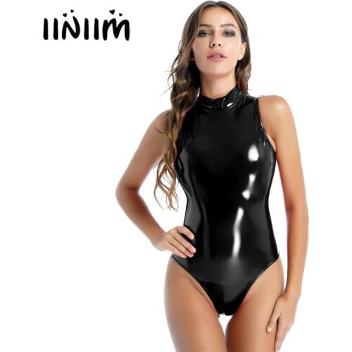 Womens Wet Look Patent Leather Catsuit Clubwear Zipper Back Mock Neck Rave Bodysuit High-cut Tight Jumpsuit for Pole Dancing