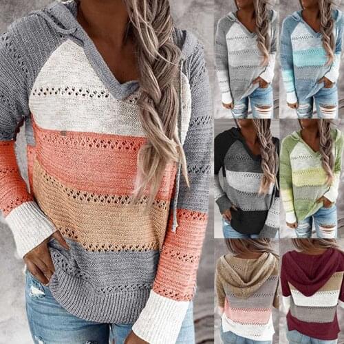 Womens Elegant Long Sleeve Hooded Knitted Sweater Ladies' Fall Striped Sweatshirt V Neck Pullover Tops Winter Vintage Sweaters