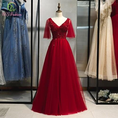 SSYFashion Banquet Elegant Burgundy Evening Dress V-neck Floor-length Crystal Beading Long Formal Gowns Vestido De Noche