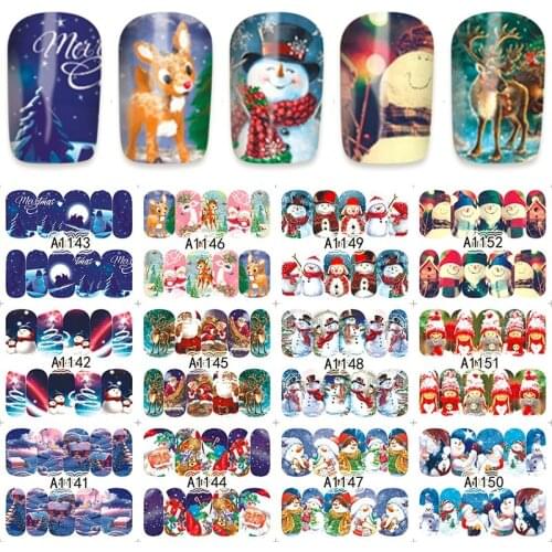 12 sheets Christmas water decal nail art nail sticker slider tattoo full Cover Santa Claus snowman designs Decals A1129-1188