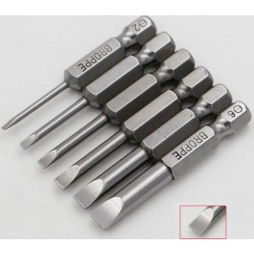 6 Pcs/set 1/4" 50mm 2-6mm Slotted Screwdriver Bit S2 Magnetic Electric Drill Flathead Screw-driver Head Power Driver Tool
