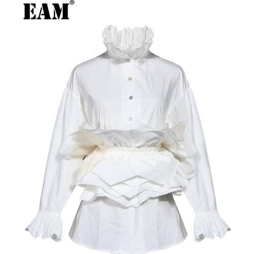 [EAM] Women White Ruffles Split Blouse New Stand Collar Long Sleeve Loose Fit Shirt Fashion Tide Spring Autumn 2021 1N882