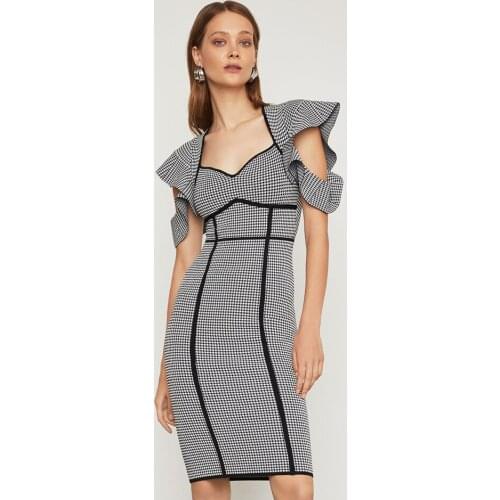 Glamorous Ruffle Jacquard Sleeveless Bandage Women Dress Houndstooth Sweetheart Cut Out Black Striped Mini Sheath Club Dress