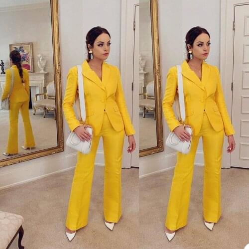 Peaked Lapel Yellow Women Suits One Button Slim Fit Blazer Wide Leg Pants Office Lady Casual Jacket 2 Pieces Set