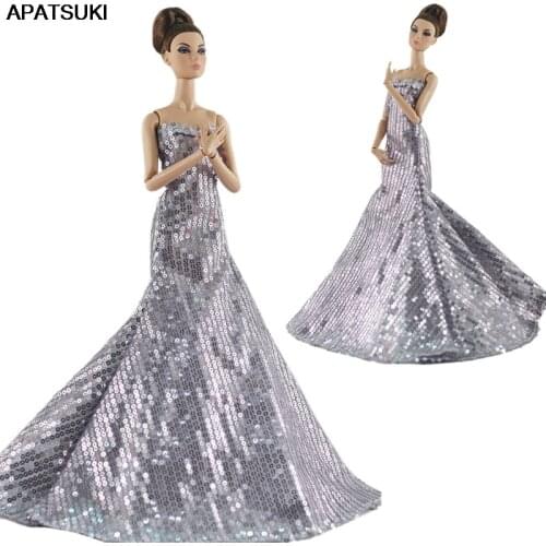 Silver Sequin Fashion Doll Clothes For Barbie Doll Princess Gown 1/6 Dolls Accessories Party Dress For Barbie Doll Outfits