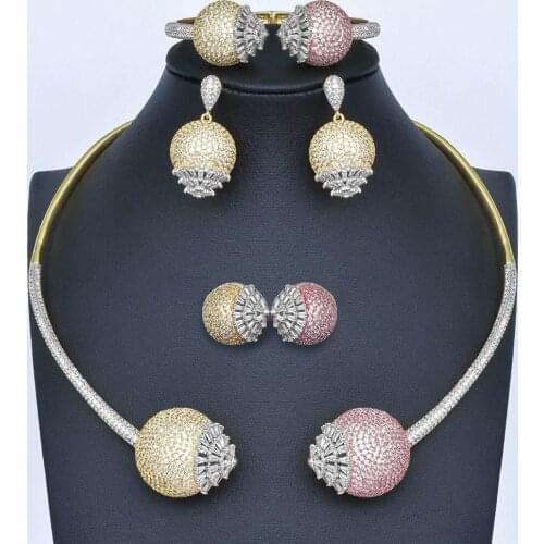 Newness Luxury Delicate Ball Cubic Zirconia Copper 3 Tones Women Wedding Necklace Bangle Earring Ring Fashion Set