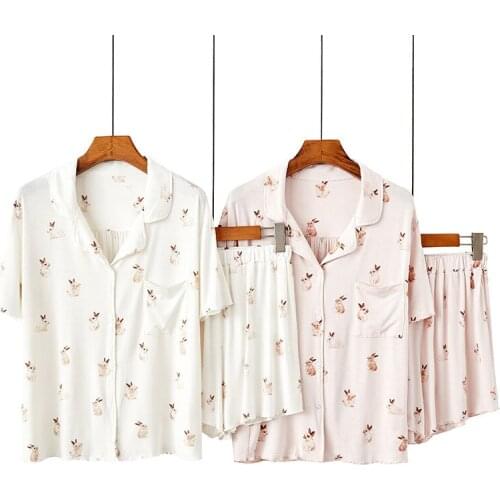 Japan Style Kawaii Animal Print Pajamas Suit Female Turn-down Collar Buttons Tops + Cute Loose Shorts Sleep Two Piece Set