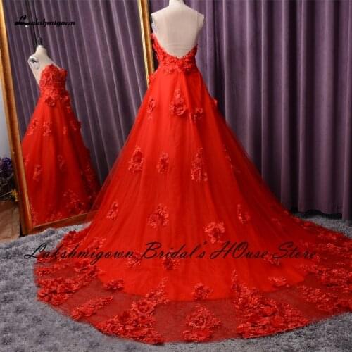 Luxury Red Lace Foral Wedding Dress 2021 Lakshmigown New Mariage Elegant Bridal Dress Wedding Gowns Long Train Vestiti Donna