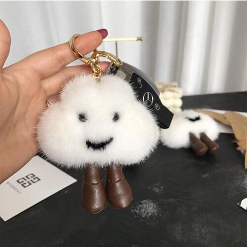 Luxury Keychains Kawaii Cloudy Real Mink Fur With Leather Keyrings For Lady Charm Bag Holder Accessories Car Pendants Chains