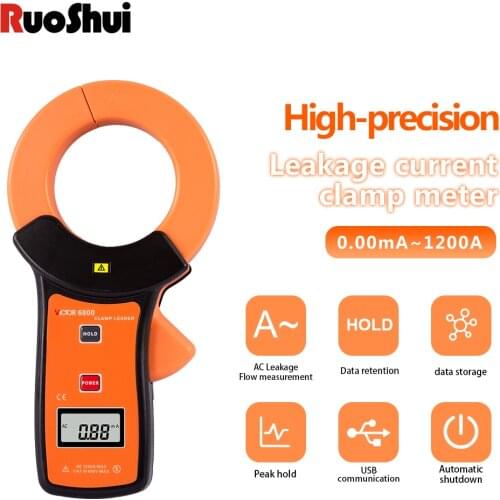 RuoShui 6800 Digital Leakage Current Tester 600V Data Storage Ammeter Auto Range Peak Hold High Sensitivity 0.01mA Clamp Meter