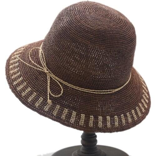 Summer Raffia Sun Hats Women Solid Stripes Fashion Sun Protectors Caps Coffee Khaki Black All Match Beach Large Brimmed 55-57cm