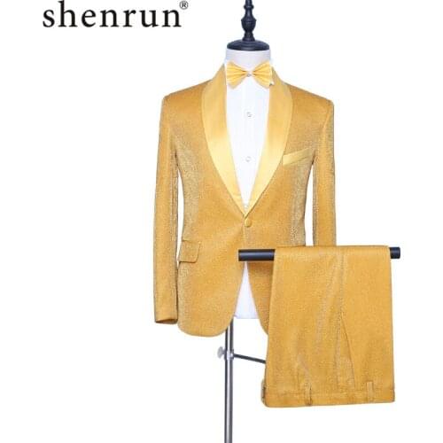 Shenrun Mens Gold Tuxedo Fashion Slim Fit Groom 2-Piece Suit Singer Drummer Host Party Prom Stage Costume Night Club Male Suits