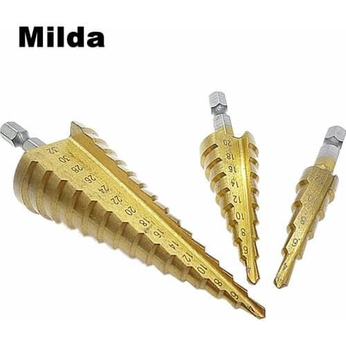 3pc Hss Step Cone Taper Drill Metal Plastic Hole Cutter Metric 4-12/20/32mm 1/4" Hex Shank Quick Release Titanium Cone Drill Bit