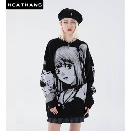 Oversize Mens Sweaters Pullover Sweaters Japanese Cartoon Girl Knitted Loose High Streetwear Male Hip Hop Casual Men O-Neck Top