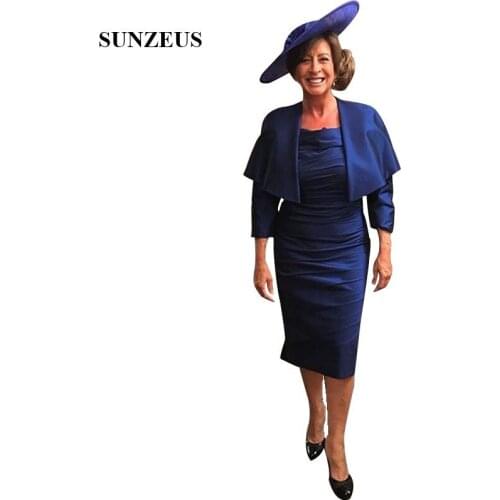 Navy Blue Mother Of The Bride Dress With Bolero Sheath Off Shoulder 3/4 Sleeve Tea Length Wedding Party Dress Elegant Women Gown