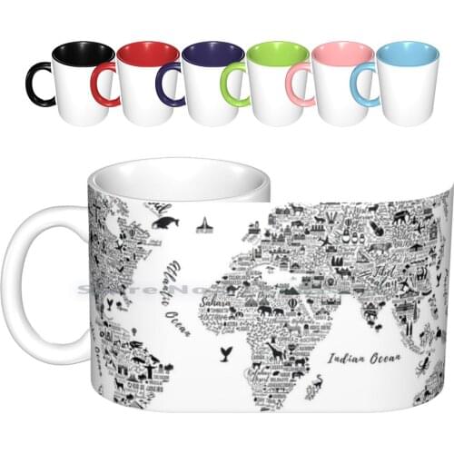 Typography World Map. Ceramic Mugs Coffee Cups Milk Tea Mug Russia Isolated America Australia Usa Eurasia Children Map Earth