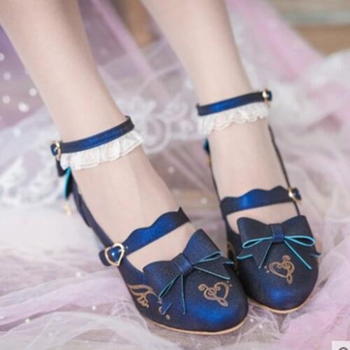 Japanese Lolita small shoes high heel in the thick heel Bowknot Princess Kawaii Girl Women Shoes Middle Heel cos Lolita loli