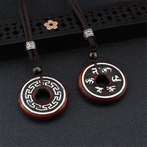 Ethnic style six-character mantra safe buckle pendant sweater chain back pattern Tibetan ornament necklace for men and women