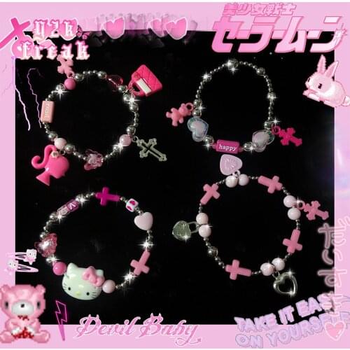 Y2K Freak Beaded Bracelet Anime Pink Vintage KT Cat Softgoth Egirl 90s Aesthetic Lolita Steampunk Accessories Acrylic Bracelets