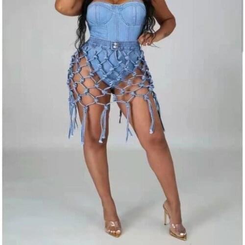 Party Sexy Night Club Skirts Women Gothic Knotted Band Jeans Vintage Skirt Denim High Waisted Punk Bandage Skirts Streetwear 90s