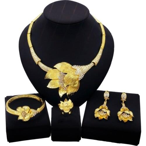 Yulaili Large Flower Necklace Earring Bracelet Ring Jewelry Set and Gold-plated Elegant Collection of Arab Bride Jewelry