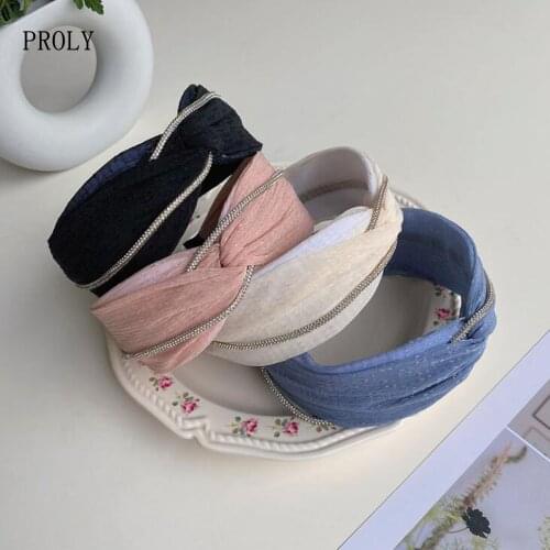 PROLY New Fashion Women Hairband Casual Solid Color Headwear Wide Side Alloy Chain Cross Knot Hair Accessories