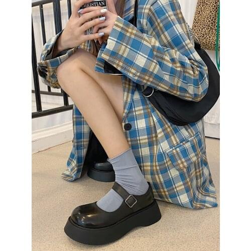 2021 spring new female Korean retro wild big head small leather shoes thick bottom increased Mary Jane shoes