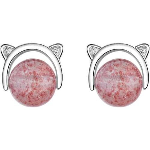KOFSAC New Fashion 925 Silver Stud Earring Cute Cat Strawberry Crystal CZ Earrings For Women Jewelry Girl Best Gifts Brincos 579