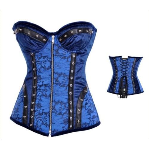 Hot Popular Vertical Stripes Upper Bra Dark Blue Corset 3S3148 Women Corset With White Flower Lace Decoration