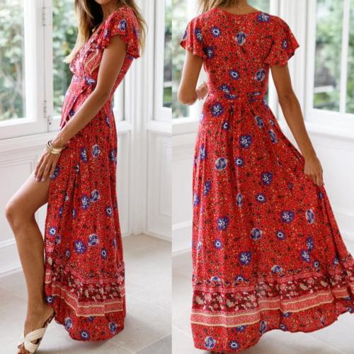 Women Dress, Bohemia Short Ruffle Sleeve Deep V-Neck Outfit, Loose Waist Tie Long High Split Summer Dress for Beach, Vacation