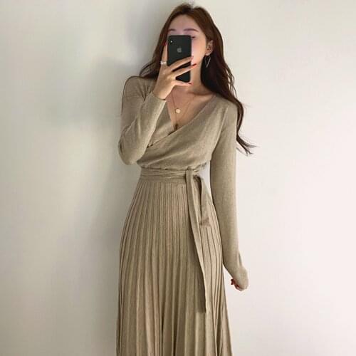 Belt Winter Pollover Thick Woman New Pleated Sweater Dress Women Knitted Warm Casual Solid Jumper Dresses Korean Autumn 2021