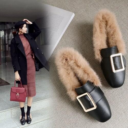 2019 Autumn and Winter Casual SquareToe Leather Comfort Flat Fashion Mules Shoe Fur Warm Plush Shoes Plus Velvet Women Shoes