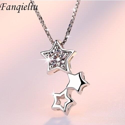 Fanqieliu Real 925 Sterling Silver Chain Jewelry Girl Gift Crystals 3PCS Star Pedant Necklace For Women FQL21139