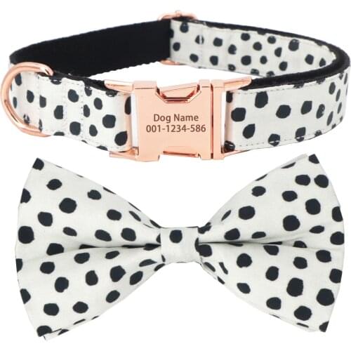 Black Polka dots Dog Collar Bow Tie Dog Accessories with personalized pet name with telphone no