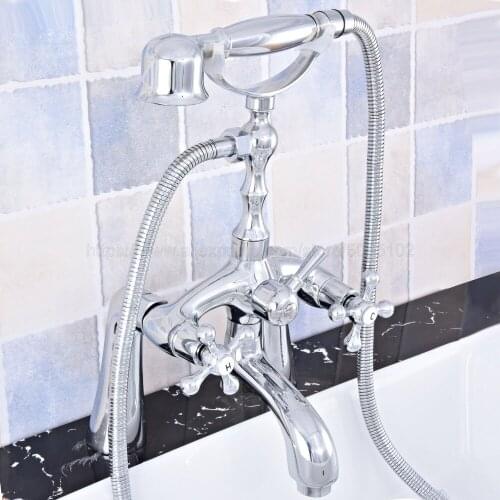 Bathroom Polished Chrome Deck Mounted Shower Faucets Set Bathtub Faucet Water Mixer Tap with Hand Shower ztf754