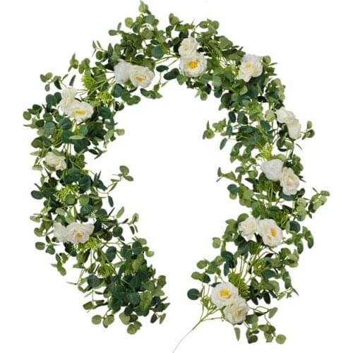 Eucalyptus Garland with 20 White Camellias 6.56 Ft Artificial Floral Vines for Wedding Table Runner Backdrop Wall Decor