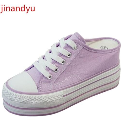 Canvas Wedge Shoes Platform Sneakers High Heels Woman Vulcanize Shoes Half Slippers Casual Shoes for Women Black White Slippers