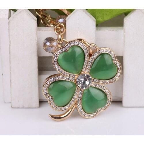 Crystal Rhinestone Alloy Keychain For Women Handbag Opal Four Leaf Clover Bag Rhinestone Key Ring Car Key Holder Chaveiro