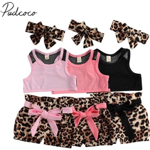 3Pcs Set Infant Kids Baby Girl Clothes Sportwear Solid Color Sleeveless Tops and Leopard Short Pants with Headband 18M-6T