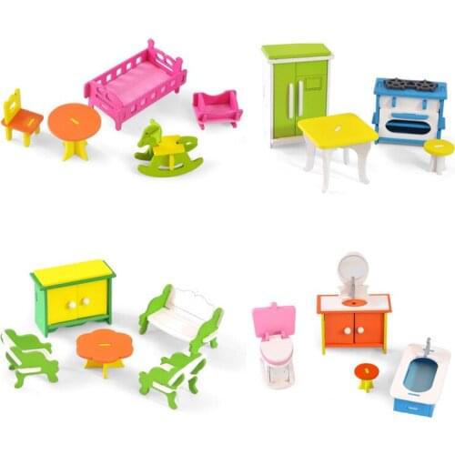 Dollhouse Miniature Furniture Wooden Creative Bathroom Bedroom Restaurant For Kids Action Figure Doll House Decoration Doll