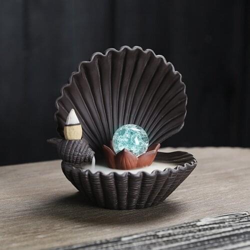 7-Color Change Incense Burner Handmade Ceramic Shell Shape Backflow Incense Burner Creative Smoke Waterfall Incense Holder Cense