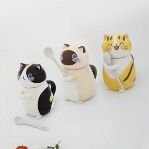 Cute Coffee Mug Cat Cartoons Japanese Ceramics Espresso Cups with Lid Spoon Milk Mug Girl Gift Tazas De Cafe Drinkware DA60MKB