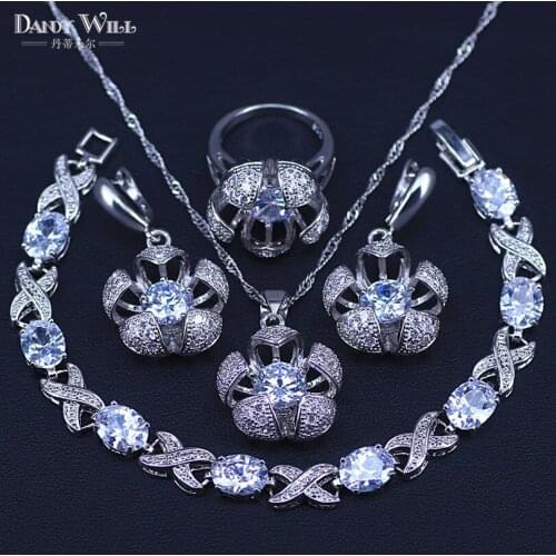 Fashion Wedding Bridal Jewelry Set Silver Color Flower Bangles+Necklace+Rings+Earrings Sets for Women Christmas Gift