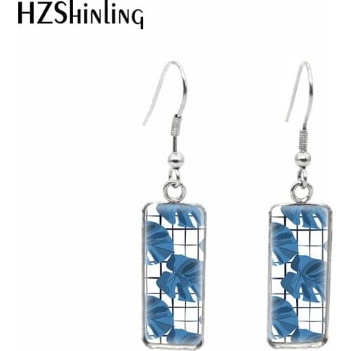 2020 New Blue Flowers Art Earring Monstera Leaf Rectangular Hook Earrings Glass Cabochon Picture Jewelry Handmade