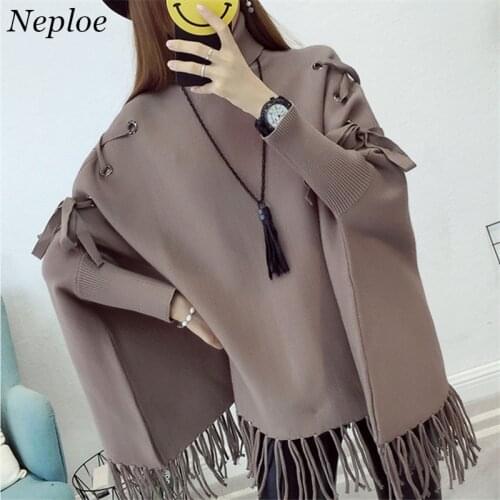 Neploe Drawstring Solid Casual Loose Pullover Tassel Batwing Sleeve Knitted Women Cloak Style Sweater 2021 Auttum Outwear 69377