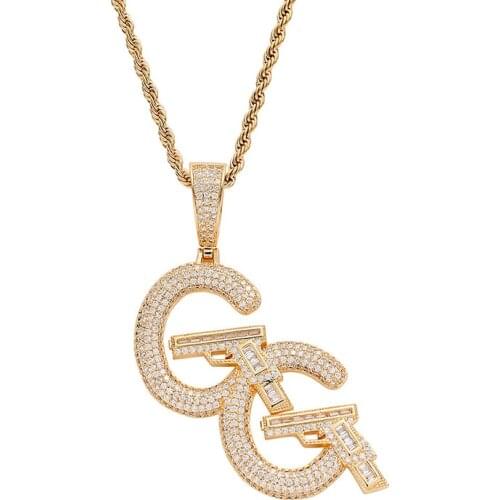 Hip Hop Micro Paved Cubic Zirconia Bling Ice Out Gun C Pendants Necklaces for Men Women Rapper Jewelry Gold Silver Color